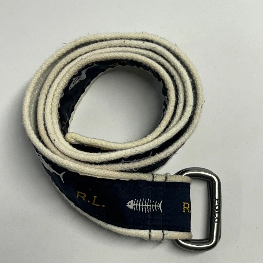Polo Ralph Lauren D-Ring Belt Navy Blue Unisex Small Tuna Fish Nautical Preppy